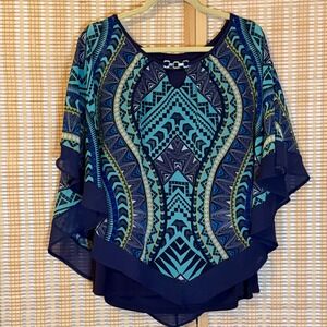 Notations Blue Geometric Print Tiered Poncho Blouse Silver Chain Neck Women L